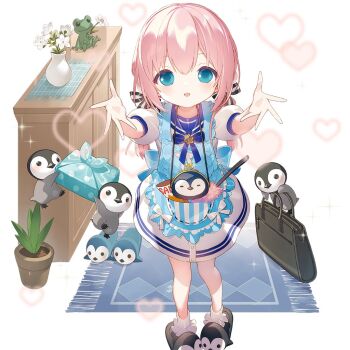 1girl adelina_blue animal_slippers apron aqua_eyes bird black_slippers blue_apron blue_bow blue_bowtie blue_sailor_collar bow bowtie doormat dress genkan long_hair low_twintails penguin pink_hair reaching reaching_towards_viewer sailor_collar sidelocks slippers twintails uchi_no_hime-sama_ga_ichiban_kawaii white_dress yamiya_(8_18dlq)