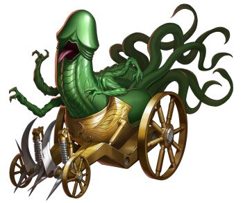 Rule 34 | artist request, chariot, colored skin, demon (megami tensei), extra arms, green skin, mara (megami tensei), misplaced genitals, no humans, official art, open mouth, penis head, persona, persona 5, persona 5: the phantom x, shin megami tensei, skull and crossbones, solo, spring (object), tentacles, third-party source, tongue, tongue out, transparent background