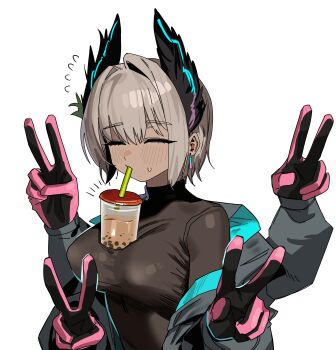 1girl absurdres arknights blue_coat blush breasts brown_shirt bubble_tea bubble_tea_challenge closed_eyes closed_mouth coat commentary cup dark-skinned_female dark_skin disposable_cup drinking_straw earrings extra_arms facing_viewer flying_sweatdrops gloves grey_hair head_wings highres holding_hands jewelry long_sleeves medium_breasts notice_lines off_shoulder pink_gloves quadruple_v raidian_(arknights) ruppu shirt short_hair sidelocks simple_background solo sweatdrop taut_clothes upper_body v white_background wings