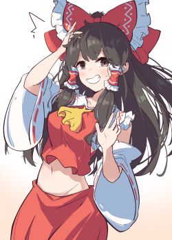 1girl ascot blush bow brown_eyes brown_hair chest_sarashi commentary_request detached_sleeves frilled_bow frilled_hair_tubes frills grin groin hair_bow hair_tubes hakurei_reimu highres long_hair looking_at_viewer making-of_available midriff navel primsla red_bow red_skirt ribbon-trimmed_sleeves ribbon_trim sarashi skirt skirt_set smile solo sweatdrop touhou yellow_ascot
