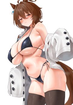 1girl absurdres agnes_tachyon_(tach-nology)_(umamusume) agnes_tachyon_(umamusume) ahoge animal_ears artist_name bare_shoulders bikini black_bikini black_thighhighs blush breasts breath buttons cleavage closed_mouth coat commentary curvy dutch_angle ear_ornament english_commentary groin hair_between_eyes hair_intakes halterneck highres horse_ears horse_girl horse_tail huge_ahoge lab_coat large_breasts light_smile long_sleeves looking_at_viewer maoza1 micro_bikini navel open_clothes open_coat short_hair side-tie_bikini_bottom sideboob simple_background single_bare_shoulder single_off_shoulder sleeves_past_fingers sleeves_past_wrists solo standing stomach string_bikini sweat swimsuit tail thighhighs thighs umamusume unbuttoned underboob white_background white_coat