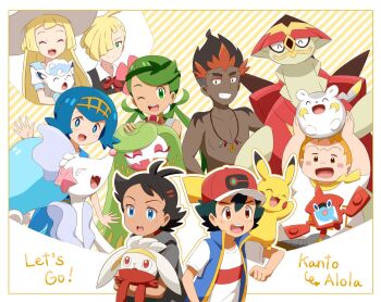 3girls 5boys alolan_form alolan_vulpix antenna_hair ash_ketchum baseball_cap black_hair blonde_hair blue_eyes blue_hair brother_and_sister brown_eyes clenched_teeth collarbone collared_shirt commentary_request dark-skinned_male dark_skin gen_1_pokemon gen_4_pokemon gen_7_pokemon gen_8_pokemon gladion_(pokemon) goh_(pokemon) green_eyes green_hair hair_ornament hairband hand_up haruhi_(xy161027z) hat holding holding_pokemon jewelry kiawe_(pokemon) lana_(pokemon) lillie_(pokemon) long_hair looking_at_viewer mallow_(pokemon) multiple_boys multiple_girls necklace nintendo no_sclera on_head open_mouth orange_hair pikachu pokemon pokemon_(anime) pokemon_(creature) pokemon_journeys pokemon_on_arm pokemon_on_head pokemon_sm_(anime) primarina raboot rotom rotom_dex shirt short_sleeves siblings sleeveless sleeveless_jacket sophocles_(pokemon) teeth togedemaru tongue topless_male tsareena turtonator twintails undercut vest waving white_shirt