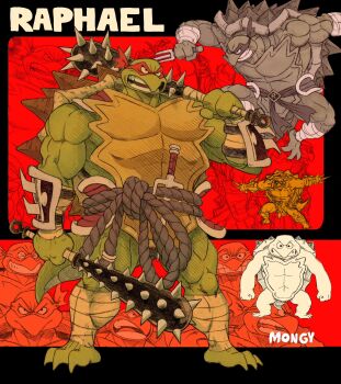 1boy aged_down arm_blade arm_guards aten_man barefoot character_name clenched_teeth club club_(weapon) colored_skin dual_wielding eye_mask fewer_digits green_skin grin highres holding holding_weapon leg_wrap male_focus mask multiple_views open_mouth over_shoulder raphael_(tmnt) red_background red_mask redesign reptile_boy rope rope_belt sai_(weapon) single_letter smile solo_focus spiked_club spiked_shell standing tail teenage_mutant_ninja_turtles teeth turtle_boy turtle_shell v-shaped_eyes weapon weapon_over_shoulder