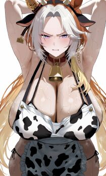 1girl animal_ears animal_print apron armpits bell blonde_hair blush breasts brown_hair cleavage clenched_teeth collar commentary_request cow_ears cow_print cowbell ear_tag earrings highres huge_breasts jewelry long_hair looking_at_viewer multicolored_hair original panties pantylines purple_eyes side-tie_panties simple_background solo sweat teeth tenko_(dos_704277) underwear very_long_hair very_sweaty white_background white_hair