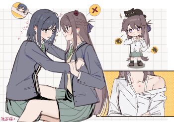 2girls animal animal_ears animal_on_head animalization black_cat black_hair blazer blue_eyes bra braid brown_hair brown_sweater_vest cat cat_on_head chinese_commentary commentary_request dog_ears dog_girl dog_tail green_necktie green_skirt grey_background grey_jacket grid_background haidao_mao half_up_braid hickey highres jacket kemonomimi_mode long_hair miyagi_shiori multiple_girls necktie on_head pleated_skirt purple_eyes school_uniform sendai_hazuki shirt shuuniichido_classmate_wo_kau_hanashi skirt sparkle spoken_squiggle spoken_x squiggle sweater_vest tail underwear white_bra white_shirt yuri