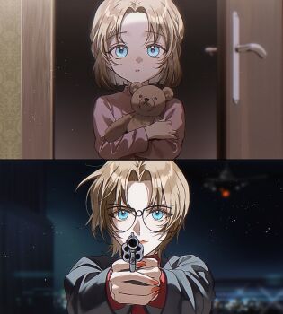 1girl absurdres age_comparison aiming aiming_at_viewer aircraft airplane aqua_eyes blonde_hair blurry blurry_background commentary_request curtained_hair door glasses gun handgun highres holding holding_gun holding_stuffed_toy holding_weapon jodie_starling kuga_huna meitantei_conan nail_polish parted_lips red_nails scene_reference spoilers stuffed_animal stuffed_toy teddy_bear weapon