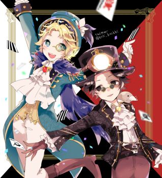 2boys :d aqua_coat aqua_eyes ascot black_eyes black_hair black_jacket blonde_hair boots brown_boots brown_gloves brown_pants card claws coat confetti eric_knikki feather-trimmed_coat frilled_ascot frilled_sleeves frills gem glasses gloves hat hat_lantern identity_v jacket jumping looking_at_viewer looking_to_the_side male_focus mike_morton mike_morton_(mr._swifts) mole monocle multiple_boys norton_campbell norton_campbell_(mr._mole) official_alternate_costume open_mouth pants pince-nez playing_card red_gemstone scar scar_across_eye scar_on_face shirt smile striped_blush sunglasses top_hat twitter_username white_ascot white_pants white_shirt yellow_gemstone