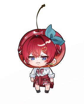 Rule 34 | 1girl, ange katrina, annoyed, aqua bow, black socks, blue eyes, blush, bow, bowtie, cherry earrings, cherry hat, cherry pop (vocaloid), chibi, chibi only, clenched hands, closed mouth, clothes around waist, commentary request, double bun, earrings, food-themed earrings, food themed earrings, full body, furrowed brow, gingham bowtie, gingham clothes, gingham skirt, gradient eyes, hair bow, hair bun, hair intakes, hair ornament, heart, heart hair ornament, highres, jewelry, jitome, legs apart, looking ahead, miniskirt, multicolored eyes, multicolored hair, nijisanji, official alternate costume, pleated skirt, purple eyes, red bow, red bowtie, red hair, red skirt, red sweater, shirt, simple background, single earring, sino42, skirt, sleeves rolled up, socks, solo, standing, streaked hair, sweater, sweater around waist, two-tone hair, virtual youtuber, white background, white bow, white bowtie, white hair, white shirt, white skirt