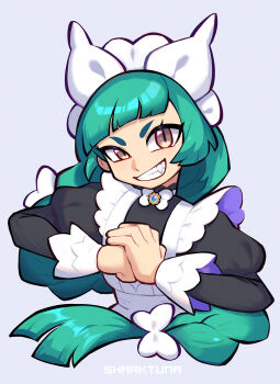 1girl aqua_hair artist_name black_shirt bow bowtie brown_eyes commentary english_commentary grin hair_bow highres lebanne_(pokemon) long_hair long_sleeves looking_at_viewer maid nintendo own_hands_together pokemon pokemon_legends:_z-a sharktuna sharp_teeth shirt simple_background slit_pupils smile solo teeth upper_body very_long_hair white_bow white_bowtie