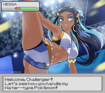 1girl absurdres aqua_eyes armlet belly_chain bike_shorts black_hair blue_eyeshadow blurry blurry_background breasts character_name dark-skinned_female dark_skin earclip earrings eiko_(ecchihunter) english_text eyelashes eyeshadow hair_bun health_bar highres holding_own_leg hoop_earrings jewelry long_hair makeup midriff mixed-language_commentary multicolored_hair navel nessa_(pokemon) nintendo patreon_username pokemon pokemon_swsh sidelocks solo spread_legs stadium teeth two-tone_hair