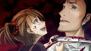 1boy 1girl adam&#039;s_apple aqua_eyes at_knifepoint beard_stubble black_hair blade_to_throat blood blood_on_face blood_on_hands bloody_knife blouse blue_eyes breast_pocket brown_hair brown_pants child clothes_grab coat collar_grab collarbone constricted_pupils crazy crazy_smile dress eye_contact facial_hair from_side frown game_cg grey_eyes hair_tie height_difference highres holding holding_knife hostage huke knife lab_coat lapels long_sleeves looking_at_another messy_hair neckwear_grab nervous_sweating non-web_source notched_lapels object_in_pocket official_art okabe_rintarou open_mouth pants pen_in_pocket pinafore_dress pink_dress pocket purple_shirt red_background ringed_eyes science_adventure shirt short_sleeves short_twintails sleeveless sleeveless_dress smile square_pupils steins;gate stubble sweat sweatdrop t-shirt tennouji_nae threat tongue twintails white_coat white_shirt wide-eyed worried yandere