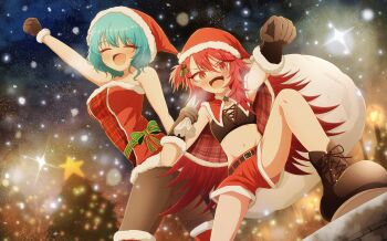 2girls :d ^_^ absurdres alternate_costume aqua_hair bare_arms bare_legs bare_shoulders belt black_belt blush boots breasts breath brown_boots brown_gloves brown_pantyhose capelet clenched_hand closed_eyes commentary dress facing_viewer flat_chest fur-trimmed_capelet fur-trimmed_dress fur-trimmed_gloves fur-trimmed_headwear fur-trimmed_shorts fur_trim gloves hair_between_eyes hat highres kimi_no_koto_ga_dai_dai_dai_dai_daisuki_na_100-nin_no_kanojo kusanochika large_breasts long_hair looking_at_viewer midriff multiple_girls navel nemui_nemu night open_mouth outdoors outstretched_arm pantyhose plaid_capelet plaid_clothes red_capelet red_eyes red_hair red_hat red_shorts sack santa_costume santa_hat short_dress short_hair shorts sky smile snowing star_(sky) star_(symbol) starry_sky strapless strapless_dress tomogara_saki very_long_hair