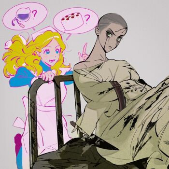 2girls ? alice_(disney) alice_in_wonderland_(disney) alice_liddell_(american_mcgee&#039;s_alice) alternate_costume american_mcgee&#039;s_alice apron aqua_dress aqua_eyes blonde_hair bottle cake closed_mouth colored_lineart commentary crossover dress drink_me_potion english_commentary eyelashes food green_eyes grey_background hat knife long_hair lower_teeth_only multiple_girls nurse_cap official_alternate_hair_length official_alternate_hairstyle open_mouth pankepen potion restrained shaved_head short_hair simple_background smile speech_bubble straitjacket teeth very_short_hair white_apron white_hat