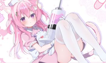 1girl animal_ear_fluff animal_ears apron blush bow breasts cat_ears cat_girl cat_tail chestnut collar collared_dress commission crescent dress expressionless eyebrows_hidden_by_hair feet_out_of_frame frills hair_between_eyes hair_ornament hairclip hat highres holding knees_up long_hair looking_at_viewer no_shoes nurse nurse_cap original parted_lips pill pink_dress pink_hair puffy_short_sleeves puffy_sleeves purple_eyes ribbon short_sleeves sidelocks simple_background sitting skeb_commission solo syringe tail takepoison thighhighs thighs twintails two_side_up white_thighhighs