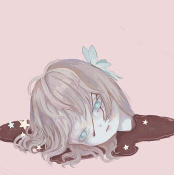 1girl aqua_eyes blood commentary english_commentary expressionless highres kapura medium_hair original severed_head simple_background solo star_(symbol)