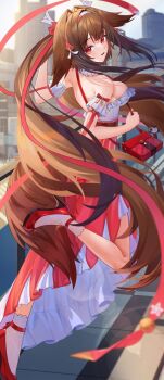 1girl animal_ears armband bare_shoulders breasts brown_hair brown_tail building cleavage collar commentary_request droopy_ears ezio_(pixiv_109778713) frilled_armband frilled_collar frilled_shirt frilled_shirt_collar frills from_behind hairband high-waist_skirt highres lace_socks large_breasts leg_up long_hair long_skirt looking_at_viewer looking_back multicolored_hairband official_alternate_costume open_mouth outdoors red_bag red_eyes red_hairband red_ribbon red_shoes red_skirt ribbon shirt shoes skirt socks solo tail very_long_hair white_armband white_hairband white_shirt white_socks ye_shunguang ye_shunguang_(touch_of_dawnlight) zenless_zone_zero