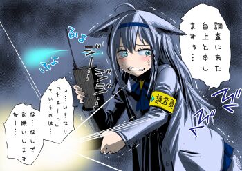 1girl absurdres ahoge animal_ears aqua_eyes armband blue_hair blue_hairband braid clenched_teeth commentary_request flashlight fox_ears fox_girl hairband highres holding holding_flashlight holding_walkie-talkie hololive phasmophobia shirakami_fubuki side_braid solo takayama_akira tears teeth translation_request trembling virtual_youtuber walkie-talkie