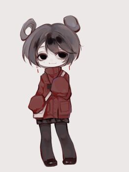 1girl 946_(94liuya) :3 animated animated_gif black_eyes black_hair black_pantyhose black_shoes black_skirt chinese_commentary closed_mouth commentary_request deformed earrings hair_bun hair_rings high_collar highres jacket jewelry li_yuting_(female) long_sleeves miniskirt mole mole_under_each_eye mole_under_eye multiple_moles pale_skin pantyhose pleated_skirt red_jacket shoes short_hair simple_background single_hair_bun single_hair_ring skirt sleeves_past_fingers sleeves_past_wrists smile solo touqi_guaitan white_background white_bag