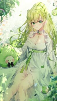 Rule 34 | 1girl, absurdres, braid, breasts, butterfly ornament, cleavage, closed mouth, collar, collarbone, commentary request, creature, dabi (15dldl15), detached collar, dress, earrings, flower, green eyes, green sash, grey hair, hair ribbon, highres, jewelry, korean commentary, large breasts, leaf, long dress, long hair, luvdia, pants, ribbon, sash, see-through clothes, see-through pants, see-through sleeves, thigh strap, virtual youtuber, waist sash, white collar, white dress, white ribbon, yang mei