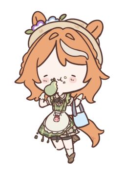 Rule 34 | 1girl, animal ears, apron, bike shorts, bike shorts under skirt, black bow, black shorts, blush, blush stickers, bow, chibi, chibi only, closed eyes, closed mouth, coin purse, commentary, dress, ears through headwear, eating, elbow gloves, english commentary, flower, food, fruit, full body, gloves, green shirt, green skirt, hat, hat flower, highres, holding, holding food, horse ears, horse girl, horse tail, humanization, loafers, luminox (racehorse), multicolored hair, orange hair, original, pear, shirt, shoes, short sleeves, shorts, simple background, skirt, solo, streaked hair, tail, ukichan22905846, umamusume, waist apron, white apron, white background, white gloves