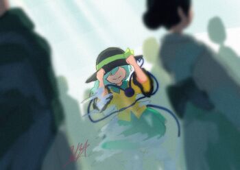 1girl black_hat blurry closed_mouth commentary_request depth_of_field doggo_1d34 eyeball facing_viewer fading frilled_sleeves frills green_hair green_skirt hat hat_ribbon heart heart_of_string highres komeiji_koishi long_sleeves looking_at_viewer people ribbon shirt signature skirt smile third_eye touhou wide_sleeves yellow_shirt