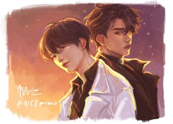 2boys 9158mimo aegyo_sal back-to-back black_coat black_eyes black_hair black_shirt coat collared_shirt commentary curtained_hair english_commentary expressionless highres kim_dokja looking_at_another looking_back male_focus multiple_boys omniscient_reader&#039;s_viewpoint open_clothes open_coat painterly popped_collar shirt short_hair sidelighting sky smile sparkle star_(sky) starry_sky sunset upper_body white_coat yoo_joonghyuk