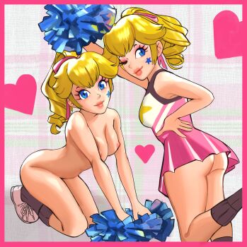 1girl ass black_socks blonde_hair blue_eyes border breasts cheerleader closed_mouth commentary commentary_request dress english_commentary eyelashes eyeshadow facial_mark heart highres large_breasts makeup mario_(series) mixed-language_commentary multiple_views nintendo nipples nude one_eye_closed pink_border pink_dress pink_eyeshadow pink_lips pom_pom_(cheerleading) princess_peach shoes short_dress socks star_(symbol) star_facial_mark sunbeam_(artist) white_shoes