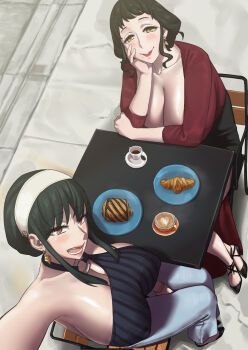 2girls akai_melon black_hair blush breasts chair cleavage closed_mouth coffee commentary_request croissant dress earrings food hairband highres huge_breasts jewelry long_hair looking_at_viewer mature_female melinda_desmond multiple_girls on_chair open_mouth outdoors selfie short_hair sitting smile spy_x_family table yor_briar