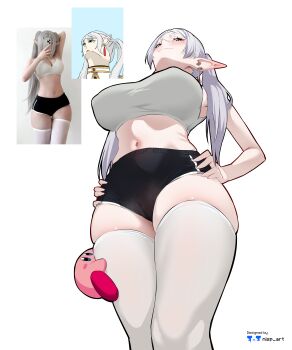 1girl absurdres alternate_breast_size_(larger) artist_name black_shorts blush bra breasts commentary cowboy_shot earrings elf english_commentary frieren from_below green_eyes grey_hair hair_over_shoulder hands_on_own_hips head_back highres jewelry kirby kirby_(series) large_breasts long_hair long_pointy_ears meme naughty_face navel nintendo nisp_art parted_bangs photo-referenced pointy_ears reference_inset shorts simple_background smile solo sousou_no_frieren standing teardrop_earrings thick_eyebrows thighhighs thighs twintails underwear upward_angle_frieren_drawing_(meme) white_background white_bra white_thighhighs