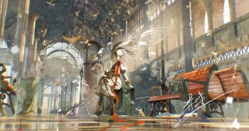1girl absurdres architecture bench bird black_pantyhose boots brown_boots building capelet ceiling chimu2 dove dress earrings elf floating_hair floor frieren green_eyes grey_hair highres jewelry long_hair long_scarf long_sleeves mage_staff pantyhose parted_bangs pointy_ears radio red_scarf scarf sitting solo sousou_no_frieren staff twintails white_capelet white_dress white_hair