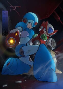 Rule 34 | 2boys, arm cannon, armor, battle damage, blue armor, blue eyes, blue helmet, chest jewel, forehead jewel, full body, green eyes, helmet, highres, male focus, mega man (series), mega man x (series), multiple boys, red armor, red helmet, to i to io, weapon, x (mega man), zero (mega man)