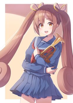 Rule 34 | absurdres, blue sailor collar, blue shirt, blue skirt, border, brown eyes, brown hair, commentary request, commission, curly ends, hair ribbon, highres, holding, holding instrument, holding trumpet, instrument, jikkyou powerful pro yakyuu, kisaragi yuki, long hair, looking at viewer, neckerchief, open mouth, otobuki kanade, outside border, pixiv commission, pleated skirt, power pro appli, red neckerchief, ribbon, sailor collar, school uniform, serafuku, shirt, skirt, teeth, trumpet, twintails, upper teeth only, white border, yellow ribbon