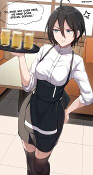 1girl absurdres ahoge apron black_thighhighs blue_eyes breasts brown_hair commentary english_commentary highres holding holding_tray indoors looking_to_the_side medium_breasts medium_hair original shirt skindentation skirt solo speech_bubble standing tetsuffy_(tetsulul) thighhighs tray waitress white_shirt zettai_ryouiki