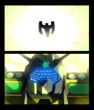 85neko absurdres assault_visor blue_eyes blue_visor densetsu_kyojin_ideon glowing glowing_eye gundam gundam_gquuuuuux highres ideon ideon_gauge looking_at_viewer mecha no_humans robot scene_reference science_fiction solo super_robot