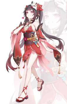 1girl :d absurdres armpit_crease bare_shoulders bell black_choker black_gloves black_sash blunt_bangs breasts brown_hair chinese_commentary choker cleavage commentary_request criss-cross_halter detached_sleeves dress eyelashes eyeshadow feet floating_hair fox_mask full_body gloves grin hair_ribbon halterneck hand_up heart highres honkai:_star_rail honkai_(series) irain jingle_bell legs long_hair long_sleeves looking_at_viewer makeup mask mask_on_head medium_breasts nail_polish neck_bell open_mouth red_dress red_eyes red_eyeshadow red_nails red_ribbon ribbon sandals sash short_dress sidelocks simple_background sleeveless sleeveless_dress smile solo sparkle_(honkai:_star_rail) toenail_polish toenails toes twintails v very_long_hair walking white_background wide_sleeves zoom_layer