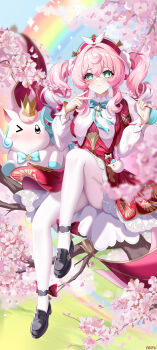 1girl absurdres aqua_bow aqua_bowtie aqua_eyes aqua_hair artist_name block_heels blush bow bowtie dress feifu flower gradient_hair hat highres honkai:_star_rail honkai_(series) hyacine_(honkai:_star_rail) in_tree incredibly_absurdres little_ica_(honkai:_star_rail) looking_at_viewer medium_hair multicolored_hair pantyhose pegasus pink_hair rainbow red_bow red_dress red_hat sitting sitting_in_tree tree twintails two-tone_hair white_pantyhose