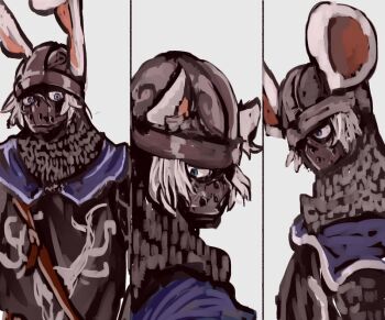 1boy animal_ears armor blue_eyes cat_boy cat_ears chainmail commentary_request creighton_of_mirrah dark_souls_(series) dark_souls_ii helmet kemonomimi_mode male_focus mask masked mouse_boy mouse_ears rabbit_boy rabbit_ears short_hair simple_background umeyama_(toma23) upper_body variations white_background