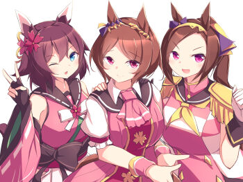 3girls :d ;d absurdres animal_ears ascot black_gloves blue_eyes brown_hair closed_mouth collared_shirt commentary_request detached_sleeves epaulettes fingerless_gloves flower flower-shaped_pupils gloves gold_hairband hair_between_eyes hair_flower hair_ornament hairband highres horse_ears horse_girl japanese_clothes kanzakietc kimono long_hair looking_at_viewer medium_hair multiple_girls neckerchief one_eye_closed open_mouth pink_ascot pink_eyes pink_hair pink_kimono pink_sleeves pink_vest ponytail puffy_short_sleeves puffy_sleeves purple_flower ribbon-trimmed_sleeves ribbon_trim sailor_collar sakura_bakushin_o_(blossom_in_learning)_(umamusume) sakura_bakushin_o_(umamusume) sakura_chiyono_o_(hinoshita_kaisan_hana_akari)_(umamusume) sakura_chiyono_o_(umamusume) sakura_laurel_(saisir_le_reve)_(umamusume) sakura_laurel_(umamusume) shirt short_hair short_sleeves sleeveless sleeveless_kimono smile symbol-shaped_pupils umamusume upper_body v v-shaped_eyebrows vest victory_club_(umamusume) white_background white_gloves white_shirt wide_sleeves yellow_neckerchief