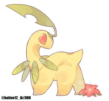 Rule 34 | artist name, bayleef, colored skin, commentary request, flower, from side, full body, gen 2 pokemon, looking back, mamebato, nintendo, no humans, pink flower, pokemon, pokemon (creature), red eyes, simple background, solo, tail, white background, yellow skin