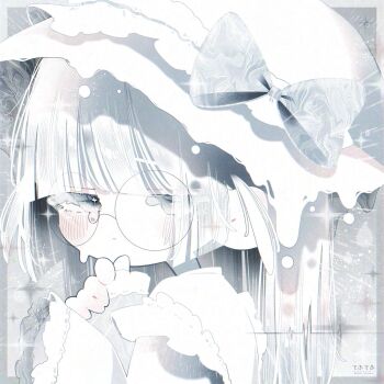 1girl blunt_bangs blush bow closed_mouth dot_mouth eyelashes glasses grey_eyes hat hat_bow highres long_hair long_sleeves looking_at_viewer original solo square thk_41 upper_body white_hair white_hat white_theme