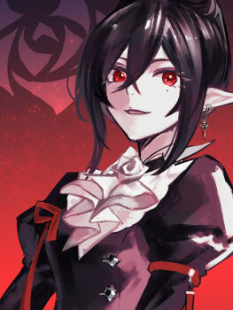 1girl absurdres arknights ascot black_dress black_hair cc_guiya chinese_commentary commentary_request dress earrings entelechia_(arknights) highres jewelry light_particles looking_at_viewer mole mole_under_eye parted_lips pointy_ears red_eyes red_ribbon ribbon short_hair smile solo upper_body white_ascot