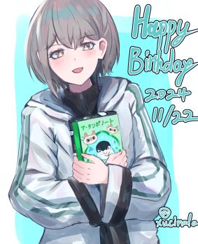 1girl bang_dream! bang_dream!_it&#039;s_mygo!!!!! black_shirt blush brown_eyes commentary_request dated grey_hair happy_birthday highres jacket long_sleeves looking_at_viewer open_mouth partial_commentary rushinada shirt short_hair solo takamatsu_tomori white_jacket