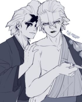 2boys absurdres alternate_costume collarbone dr._stone hair_between_eyes hand_on_another&#039;s_shoulder highres holding holding_smoking_pipe japanese_clothes kimono lipstick looking_at_viewer makeup male_focus mitsuru_(aica_hikari) monochrome multiple_boys parted_lips short_hair simple_background single_bare_shoulder smile smoking_pipe stanley_snyder_(dr.stone) upper_body white_background xeno_(dr.stone)