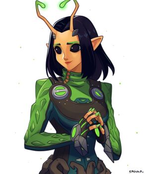 1girl alien antennae artist_name black_eyes black_hair closed_mouth green_nails guardians_of_the_galaxy highres mantis_(marvel) marvel marvel_rivals medium_hair pointy_ears smgold solo upper_body