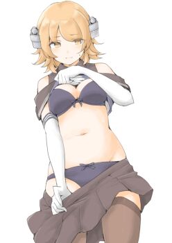 1girl akara_kai black_skirt black_thighhighs blue_bra blue_panties bow bow_panties bra breasts brown_eyes brown_hair clothes_lift clothes_pull commentary_request elbow_gloves flipped_hair gloves headgear highres kantai_collection looking_at_viewer medium_breasts navel panties richard_p._leary_(kancolle) shirt_lift short_hair simple_background skirt skirt_pull solo stomach thighhighs underwear undressing white_background white_gloves