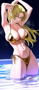 abs ai-generated bikini blonde_hair breasts gold_bikini hoshino_akarii huge_breasts jujutsu_kaisen looking_at_viewer muscular muscular_female ocean swimsuit toned toned_female tongue tongue_out tsukumo_yuki_(jujutsu_kaisen)