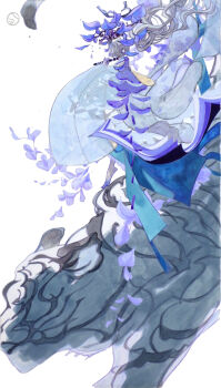 1girl barefoot commentary_request floating_hair flower flute full_body grey_hair highres instrument japanese_clothes kimono music original petals playing_instrument shiguretau solo traditional_media wavy_hair