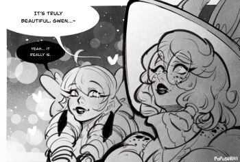 2girls animal_ears artist_name aurora_(league_of_legends) blush bow drill_hair earrings english_text glasses greyscale gwen_(league_of_legends) hair_bow heart highres jewelry league_of_legends lips long_hair monochrome multiple_girls poposhirat rabbit_ears round_eyewear smile speech_bubble teeth twin_drills twintails