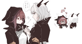 2girls arknights black_horns black_jacket bright_pupils chibi commentary_request crownslayer_(arknights) grey_eyes highres hood hood_up hooded_jacket horns jacket looking_at_another medium_hair motion_lines multiple_girls partial_commentary profile red_eyes red_hair shadow71580825 simple_background sound_effects speech_bubble strap talulah_(arknights) thought_bubble white_background white_hair white_pupils xo