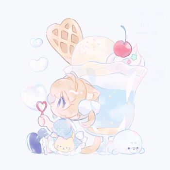 1girl ahoge animal_ear_fluff animal_ears blonde_hair blowing_bubbles blue_dress blue_shoes blush_stickers cat_ears cat_girl cat_tail cherry chibi chibi_only closed_mouth commentary cup dress drinking_glass food frilled_dress frills fruit full_body heart_bubbles highres ice_cream ice_cream_float mini_person minigirl original poche_(opochepoche) polka_dot polka_dot_dress shoes short_hair short_sleeves simple_background sitting socks solo symbol-only_commentary tail white_background white_socks